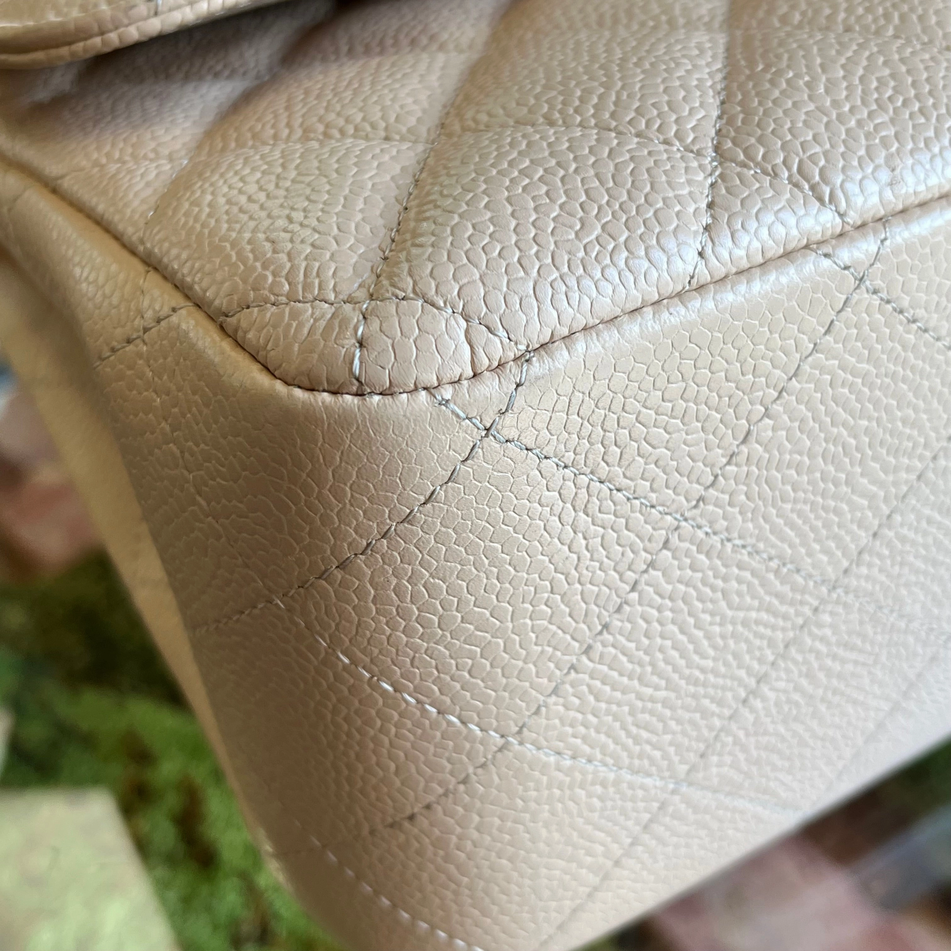 CHANEL Classic Double Flap Jumbo Beige Quilted Caviar Leather Shoulder Bag