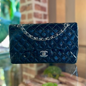 CHANEL Classic Medium Double Flap Black Patent Leather Shoulder Bag