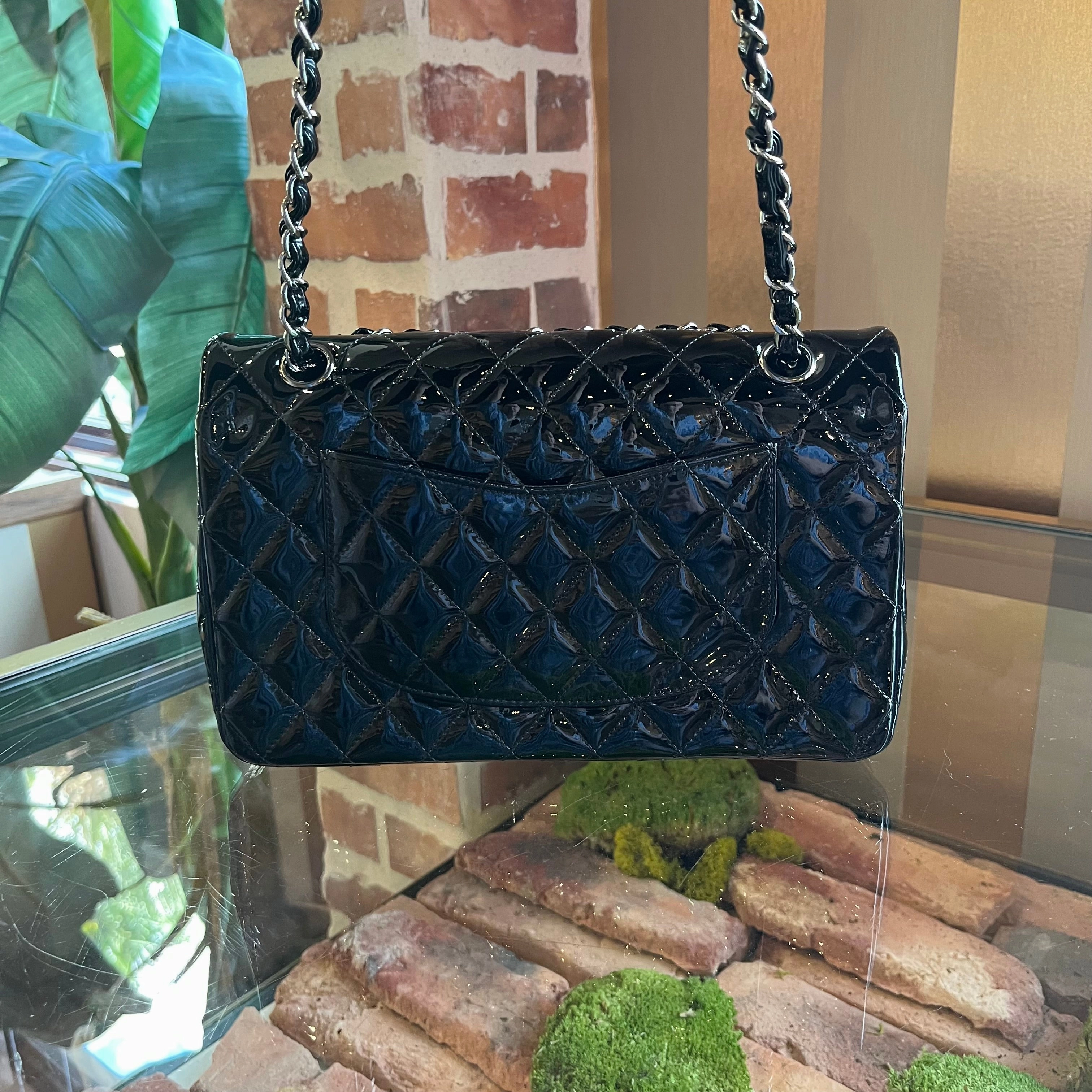 CHANEL Classic Medium Double Flap Black Patent Leather Shoulder Bag