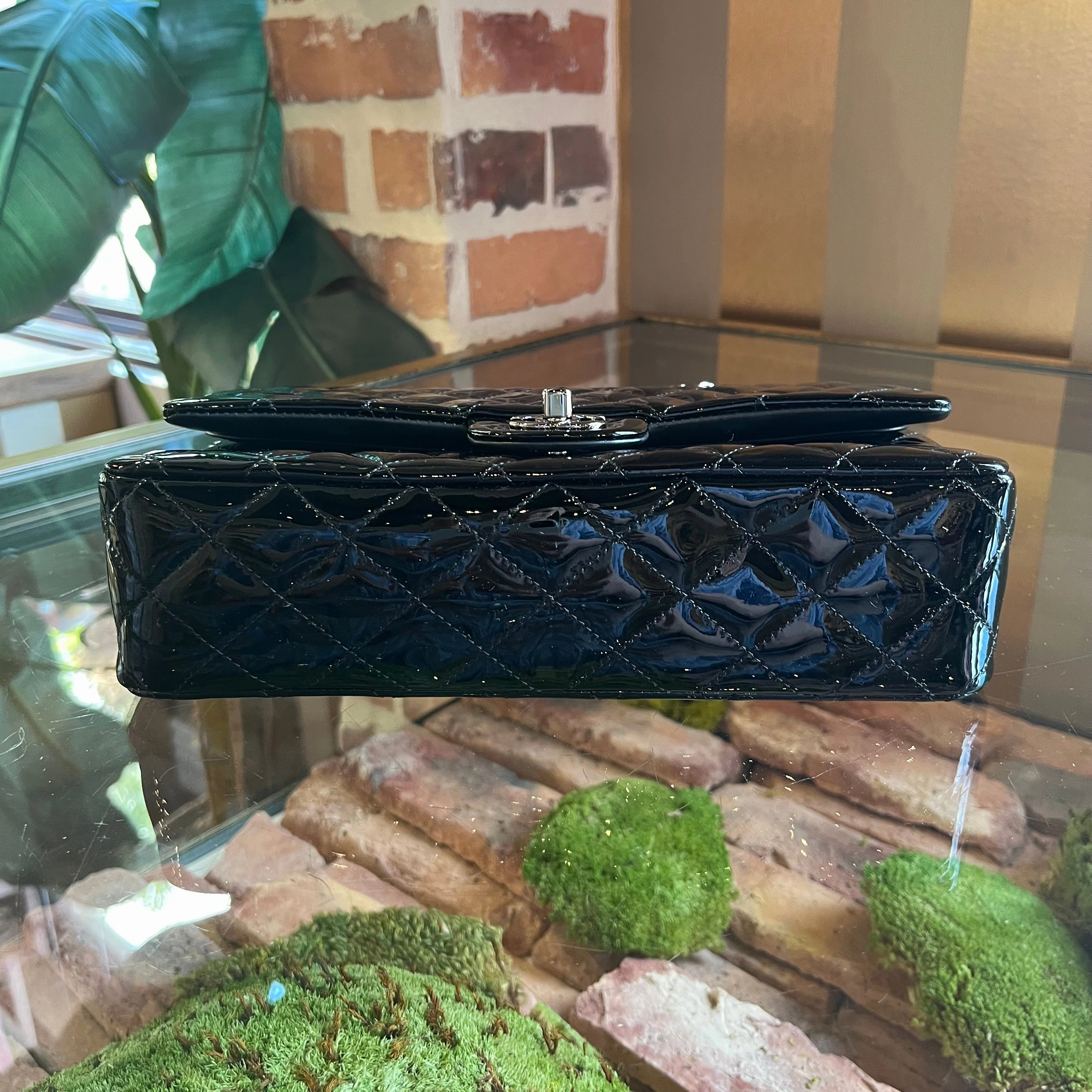 CHANEL Classic Medium Double Flap Black Patent Leather Shoulder Bag