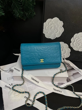 Chanel Lake Blue Camellia WOC Crossbody Bag 19cm