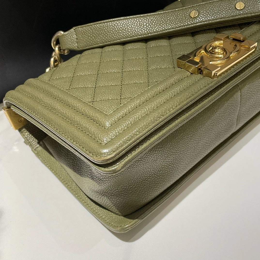 Chanel Le Boy Medium Caviar Leather Olive Green Shoulder Bag 2017