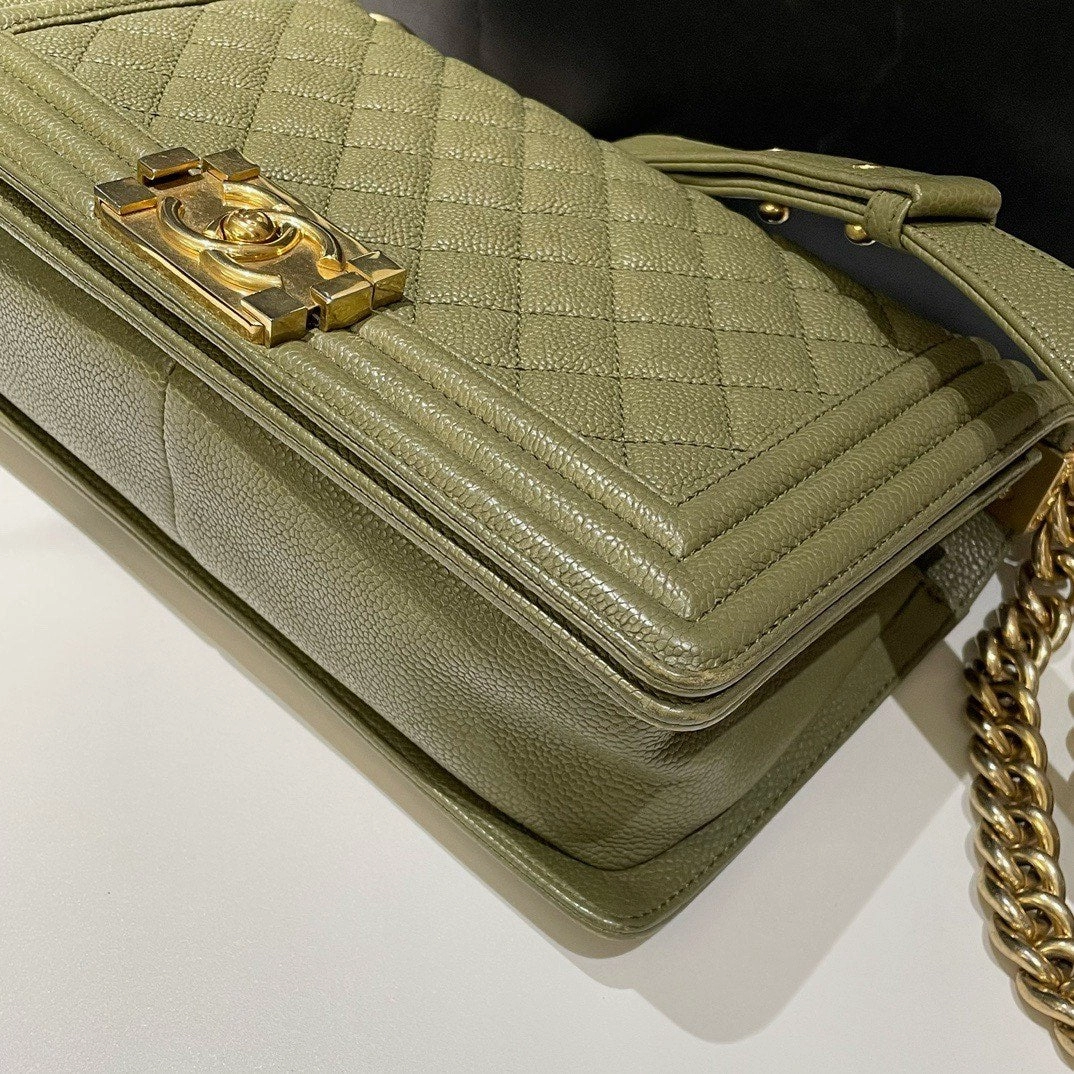 Chanel Le Boy Medium Caviar Leather Olive Green Shoulder Bag 2017