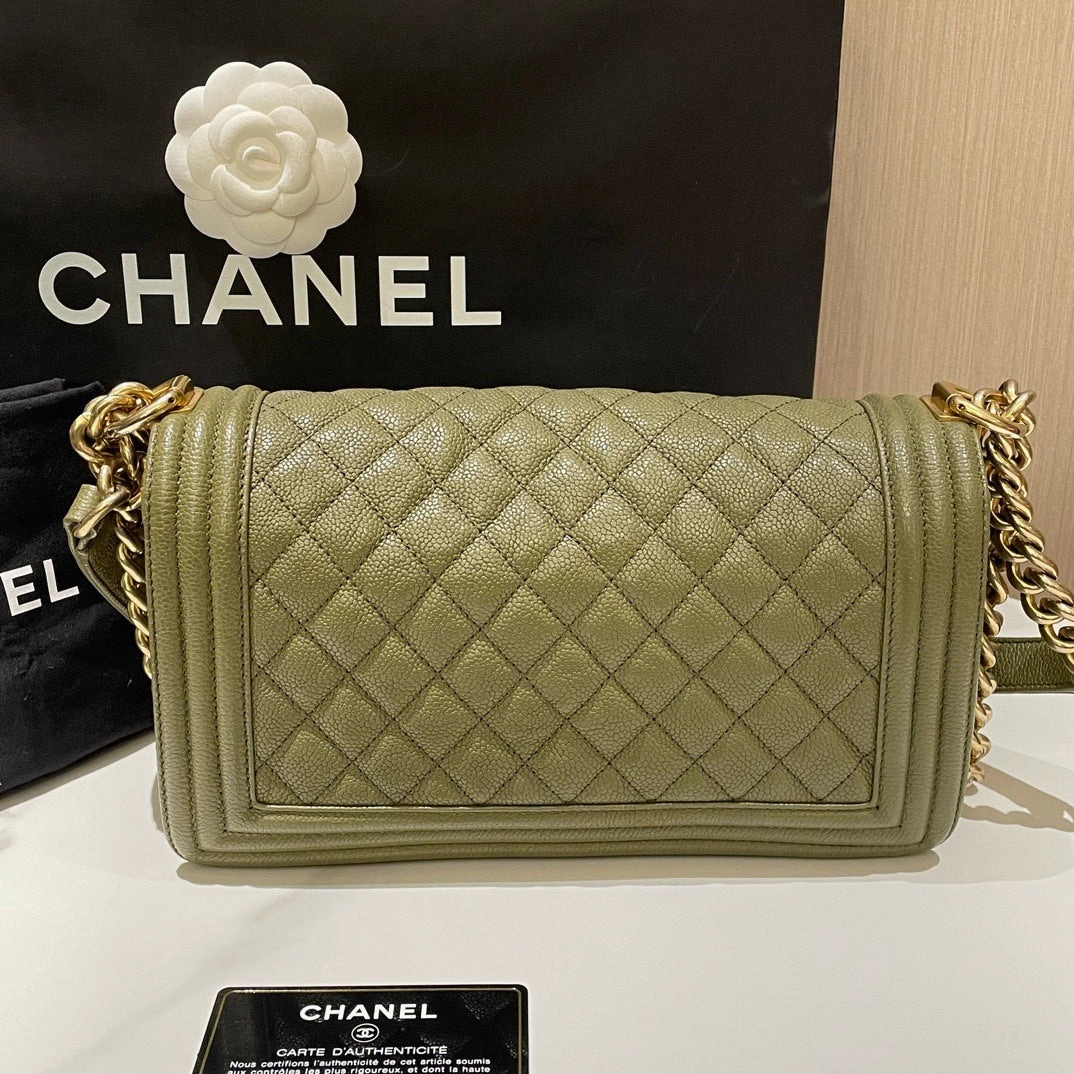 Chanel Le Boy Medium Caviar Leather Olive Green Shoulder Bag 2017
