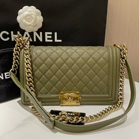Chanel Le Boy Medium Caviar Leather Olive Green Shoulder Bag 2017
