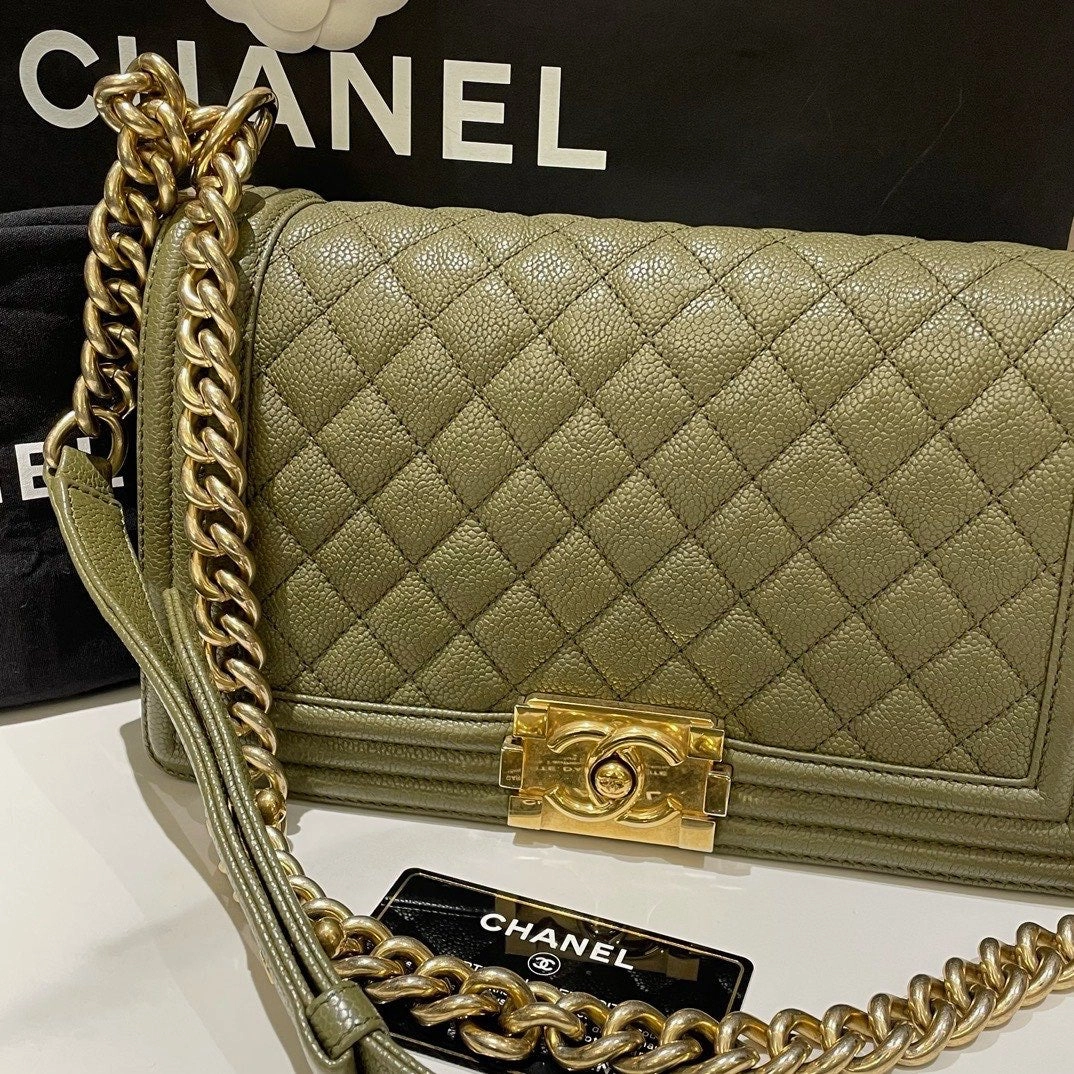 Chanel Le Boy Medium Caviar Leather Olive Green Shoulder Bag 2017