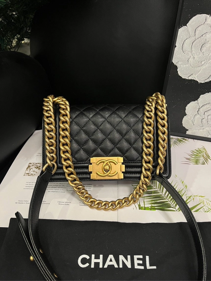 Chanel Le Boy Small Crossbody Bag Black Gold Lychee Pattern