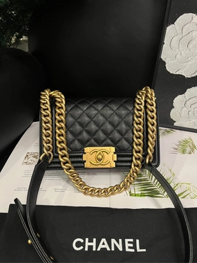 Chanel Le Boy Small Crossbody Bag Black Gold Lychee Pattern