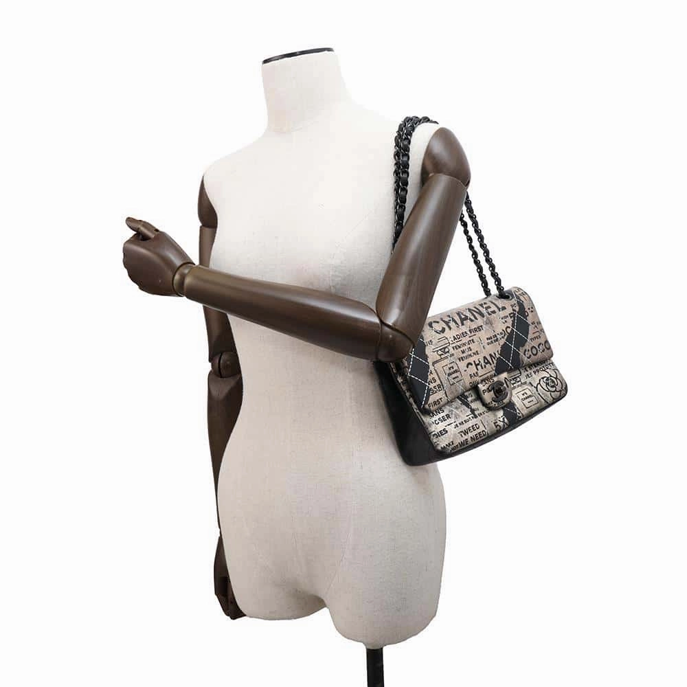 CHANEL Logo Print Double Flap ChainShoulder Bag BlackA01112 Leather