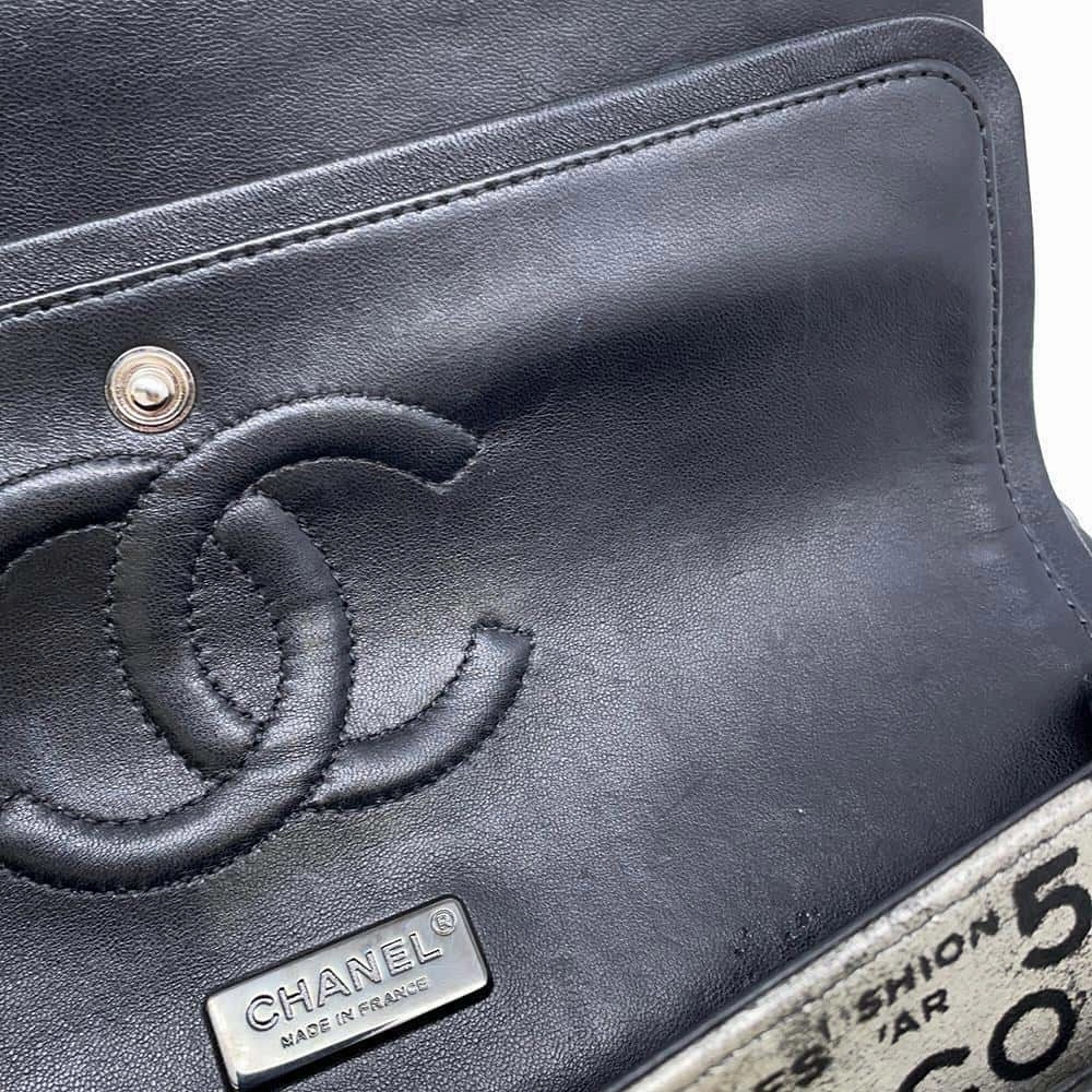 CHANEL Logo Print Double Flap ChainShoulder Bag BlackA01112 Leather