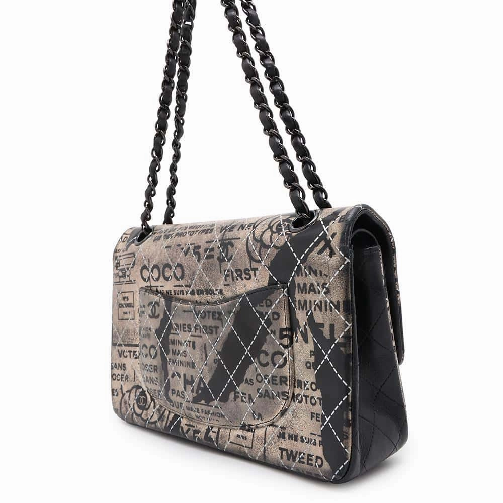 CHANEL Logo Print Double Flap ChainShoulder Bag BlackA01112 Leather