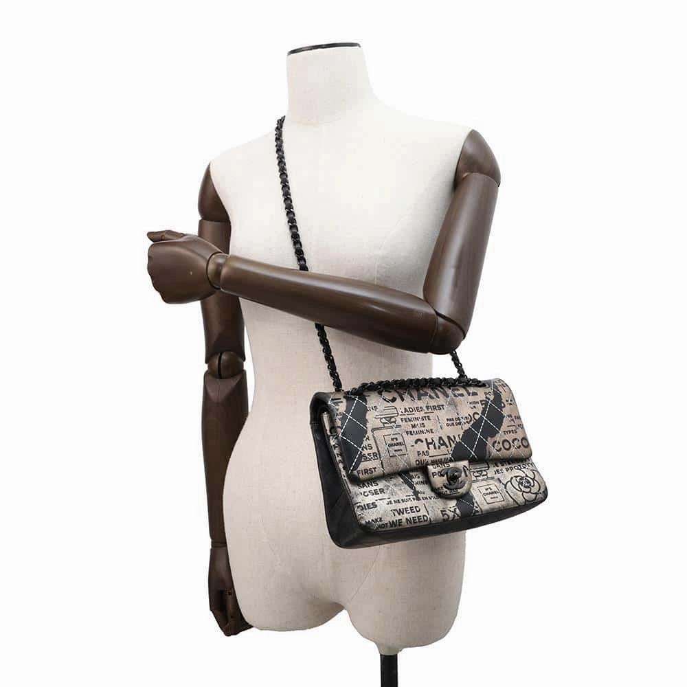 CHANEL Logo Print Double Flap ChainShoulder Bag BlackA01112 Leather