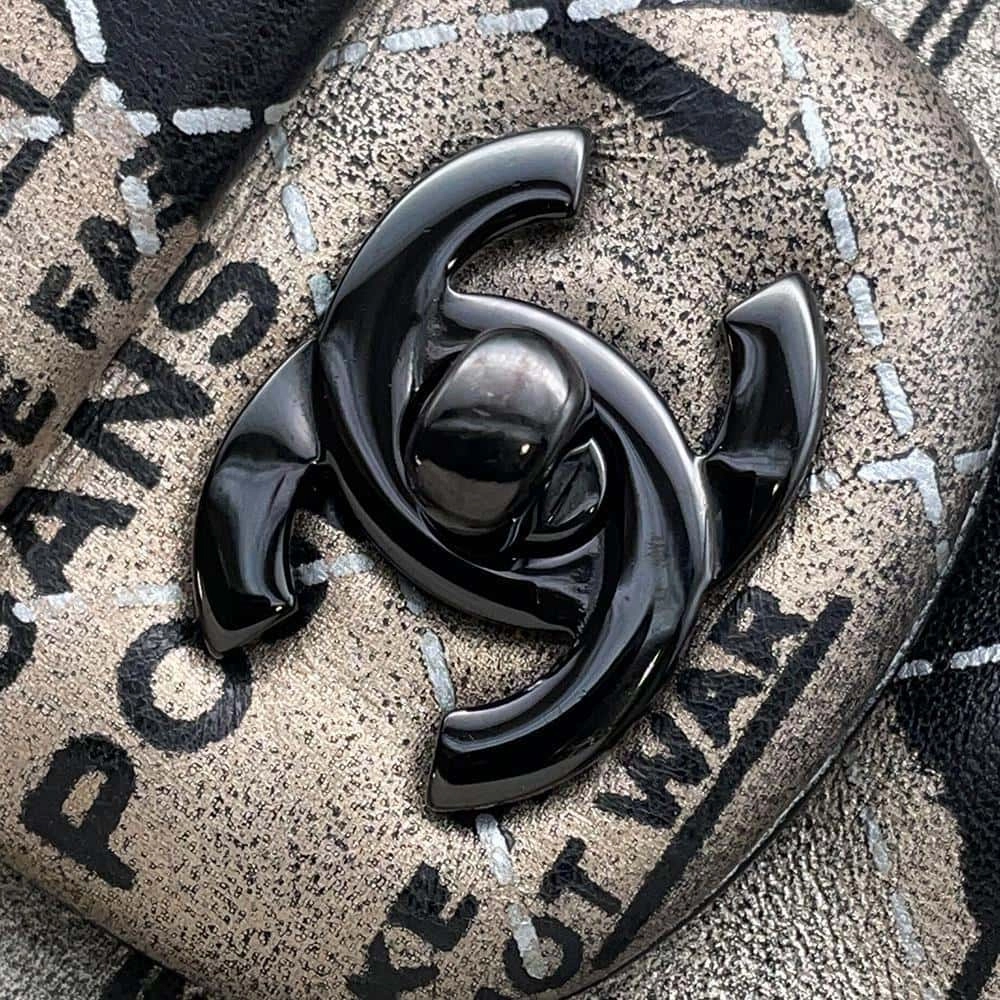 CHANEL Logo Print Double Flap ChainShoulder Bag BlackA01112 Leather