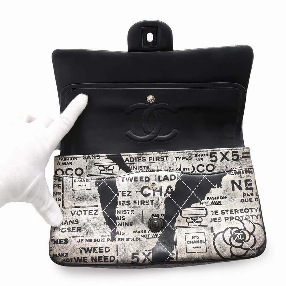 CHANEL Logo Print Double Flap ChainShoulder Bag BlackA01112 Leather