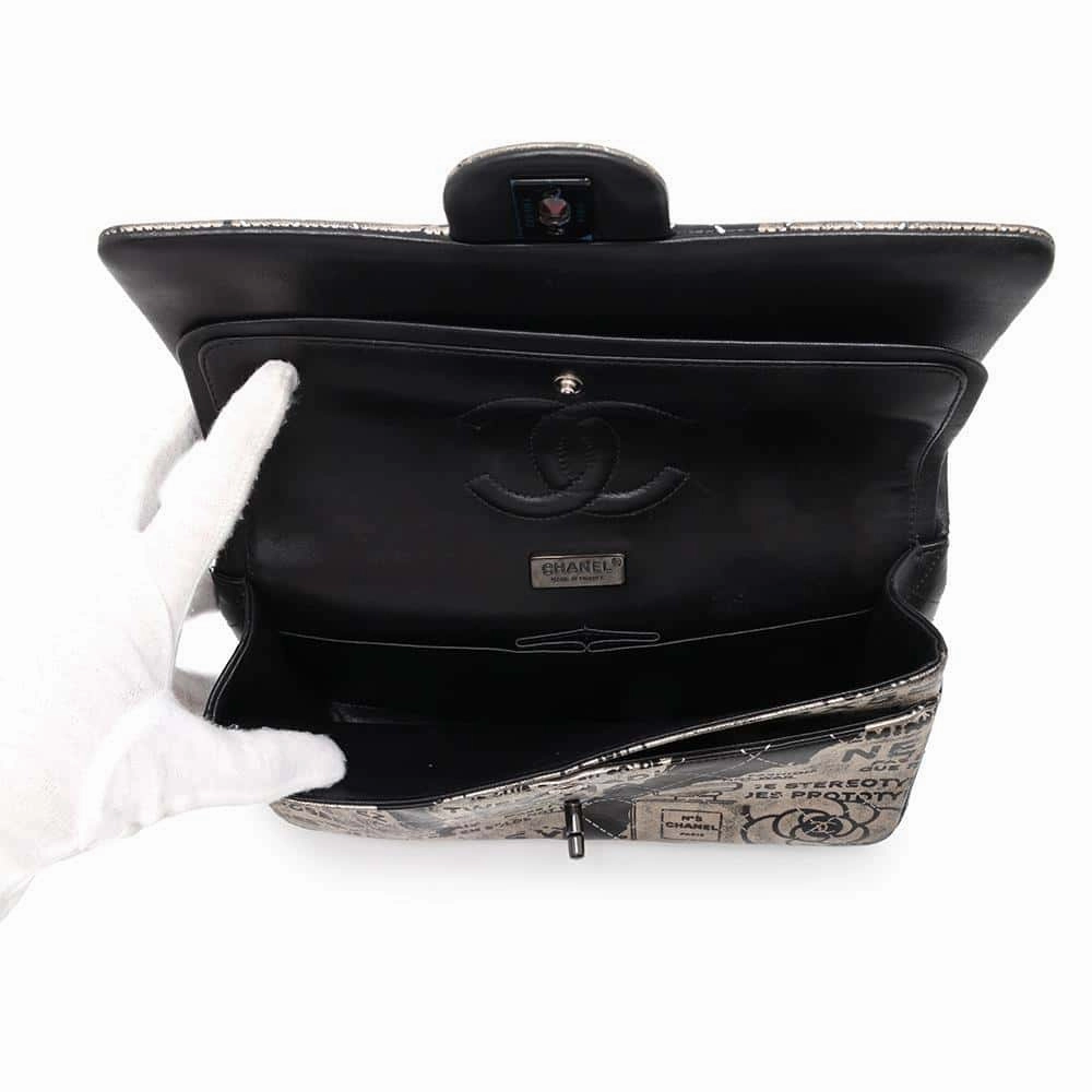 CHANEL Logo Print Double Flap ChainShoulder Bag BlackA01112 Leather