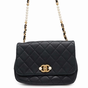 CHANEL Matelasse CC Logo Single Flap Pearl Chain Shoulder Bag Black Calf Leather