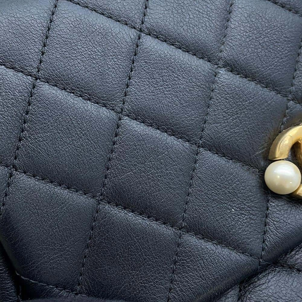CHANEL Matelasse CC Logo Single Flap Pearl Chain Shoulder Bag Black Calf Leather