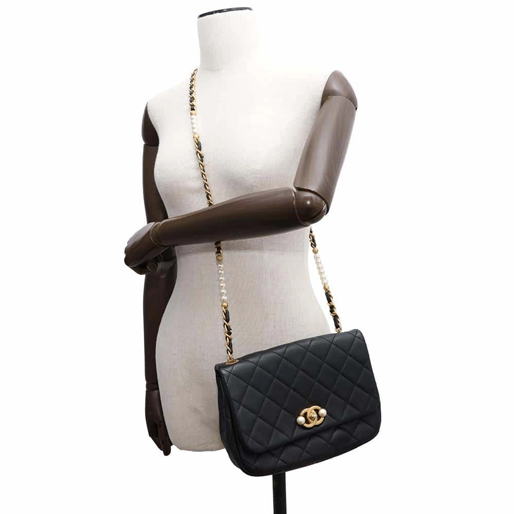 CHANEL Matelasse CC Logo Single Flap Pearl Chain Shoulder Bag Black Calf Leather