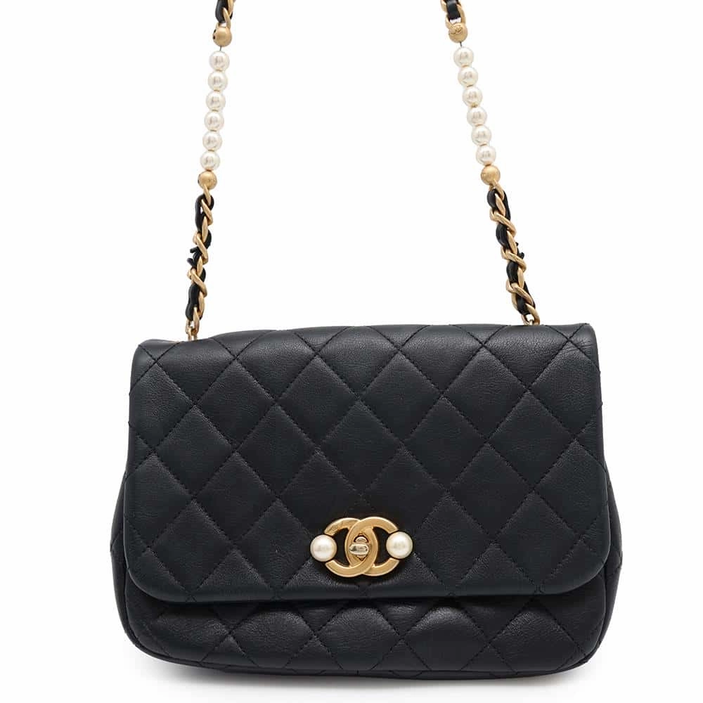 CHANEL Matelasse CC Logo Single Flap Pearl Chain Shoulder Bag Black Calf Leather