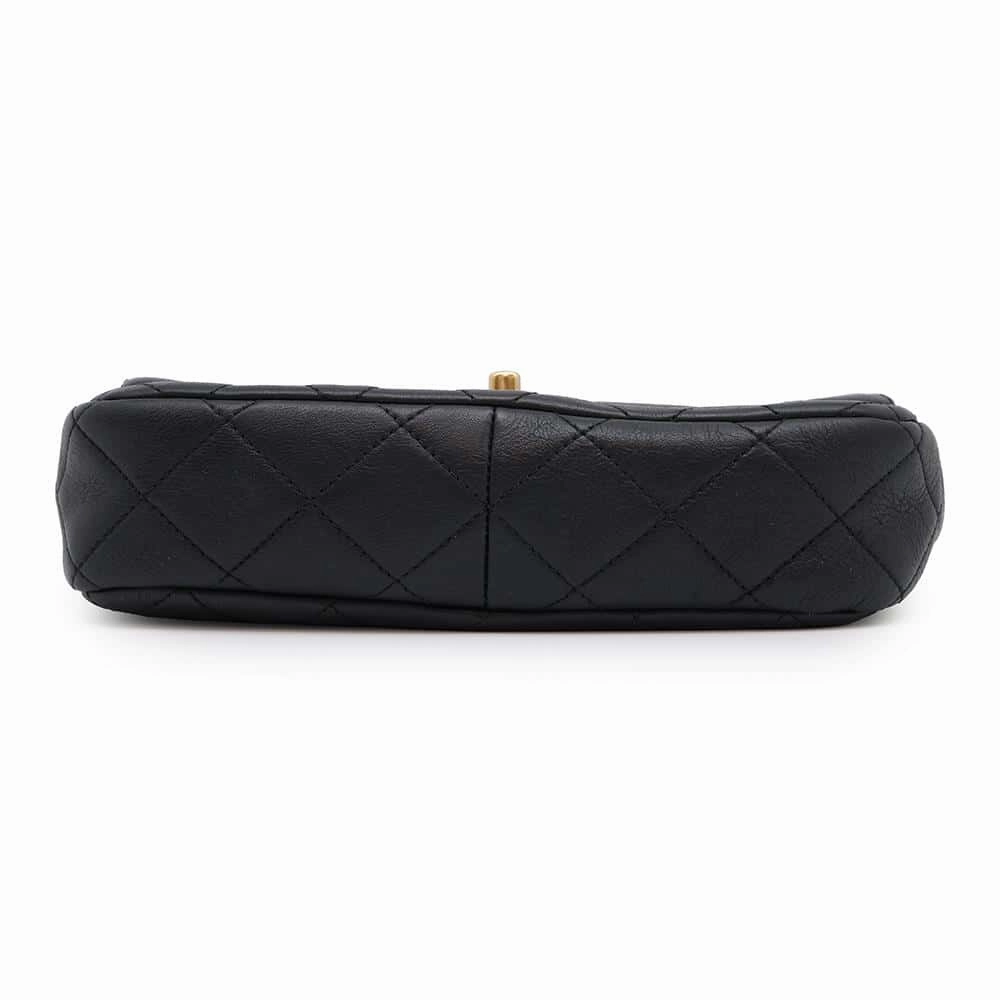 CHANEL Matelasse CC Logo Single Flap Pearl Chain Shoulder Bag Black Calf Leather
