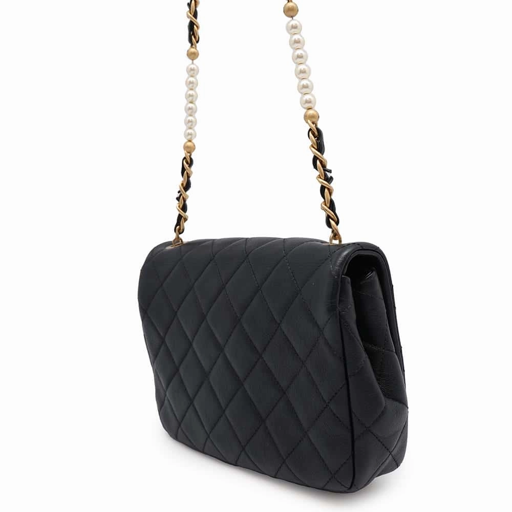 CHANEL Matelasse CC Logo Single Flap Pearl Chain Shoulder Bag Black Calf Leather