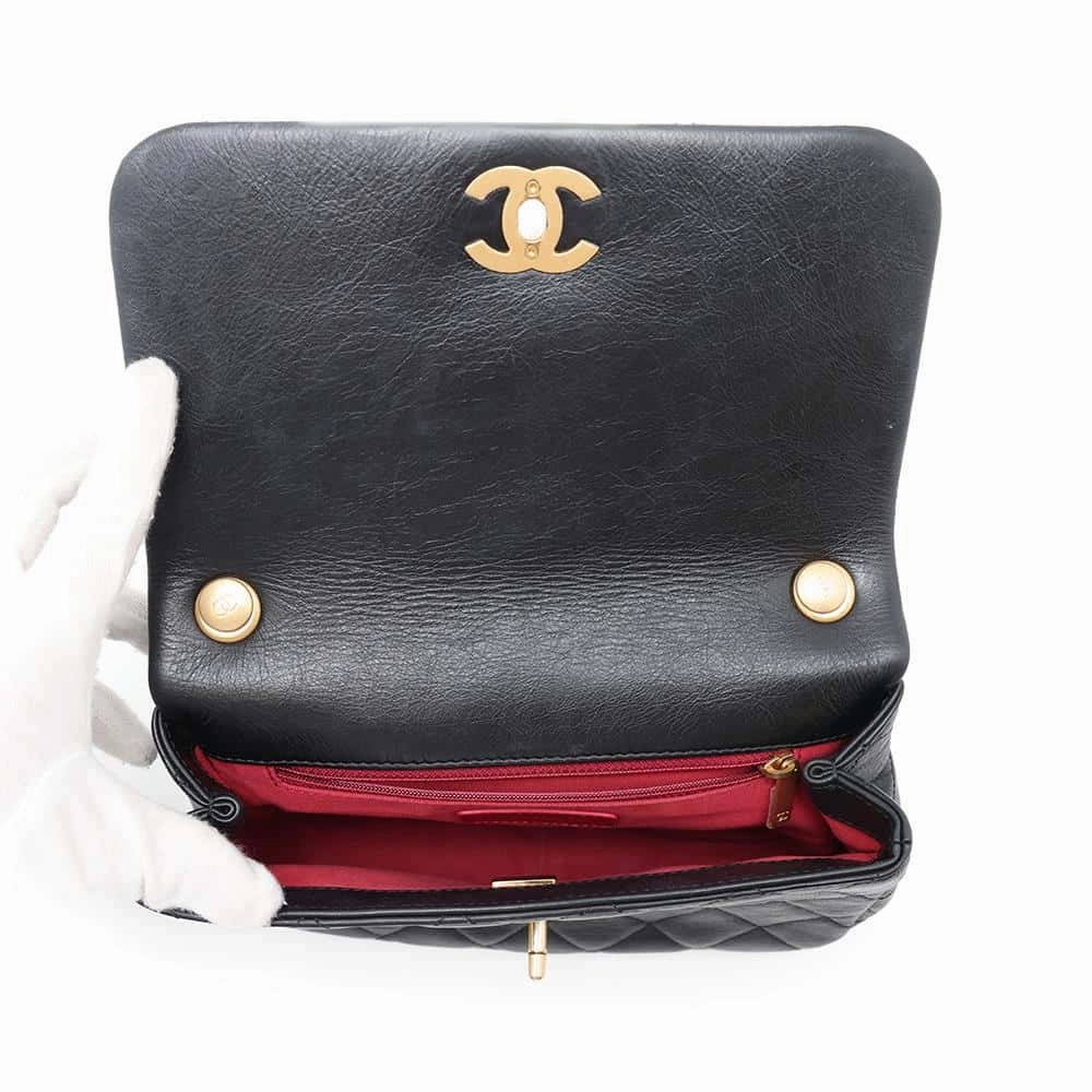 CHANEL Matelasse CC Logo Single Flap Pearl Chain Shoulder Bag Black Calf Leather