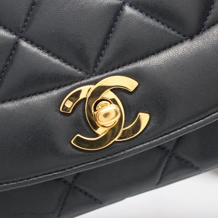 Chanel Matelasse Diana Flap Chain Shoulder Bag Lambskin Dark Navy Gold Hardware Vintage