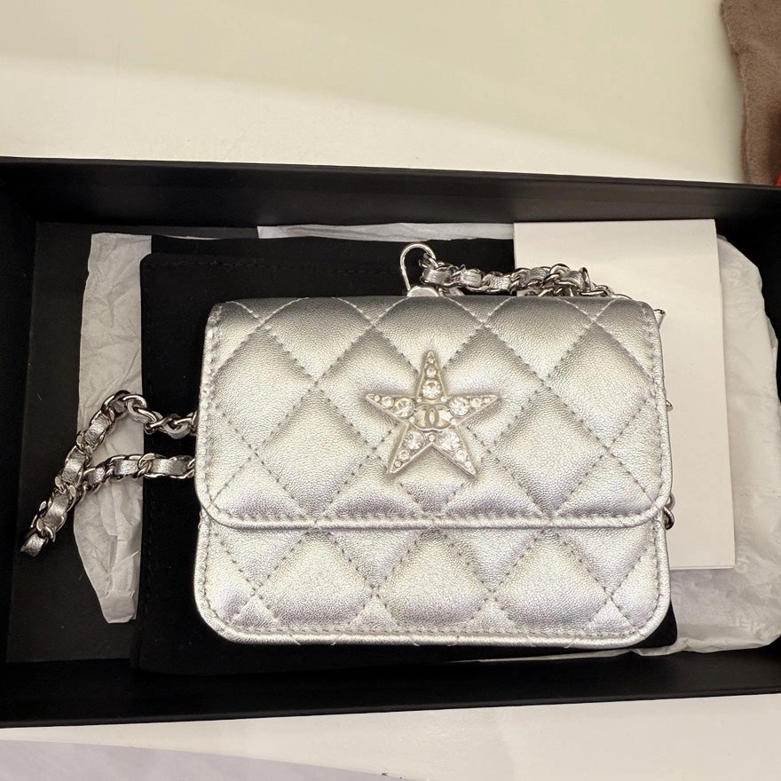 Chanel Mini Bag Silver Quilted Leather Crossbody