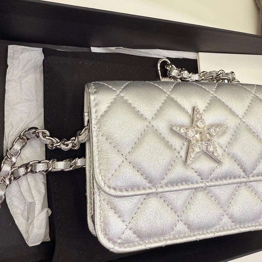 Chanel Mini Bag Silver Quilted Leather Crossbody