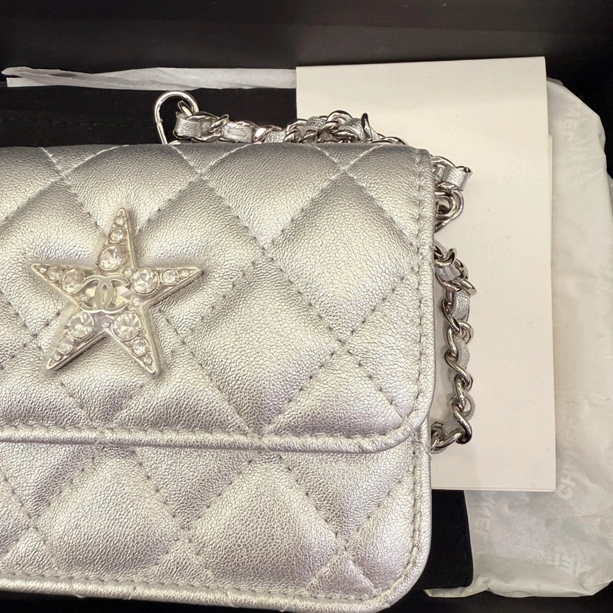 Chanel Mini Bag Silver Quilted Leather Crossbody