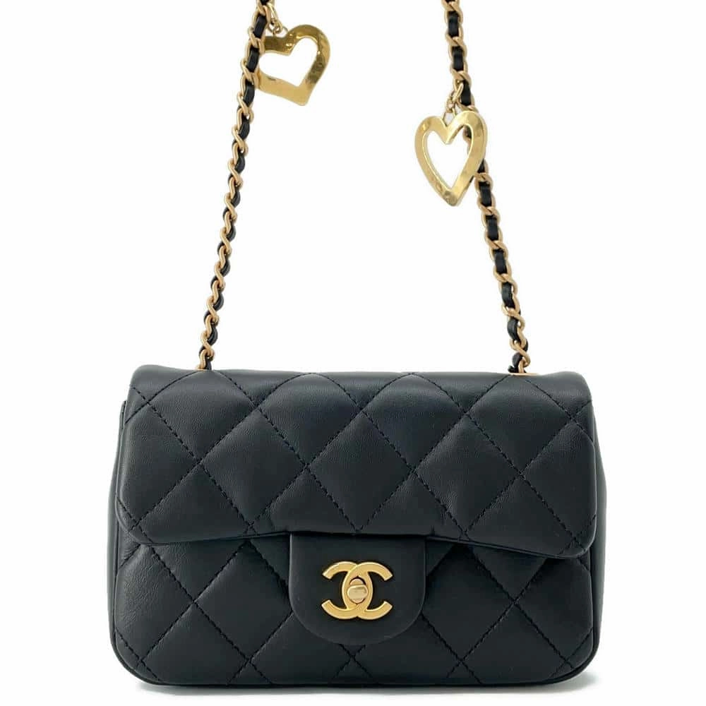 CHANEL Mini Matelasse Heart Bag CharmChainShoulder BlackAS3456 Lambskin