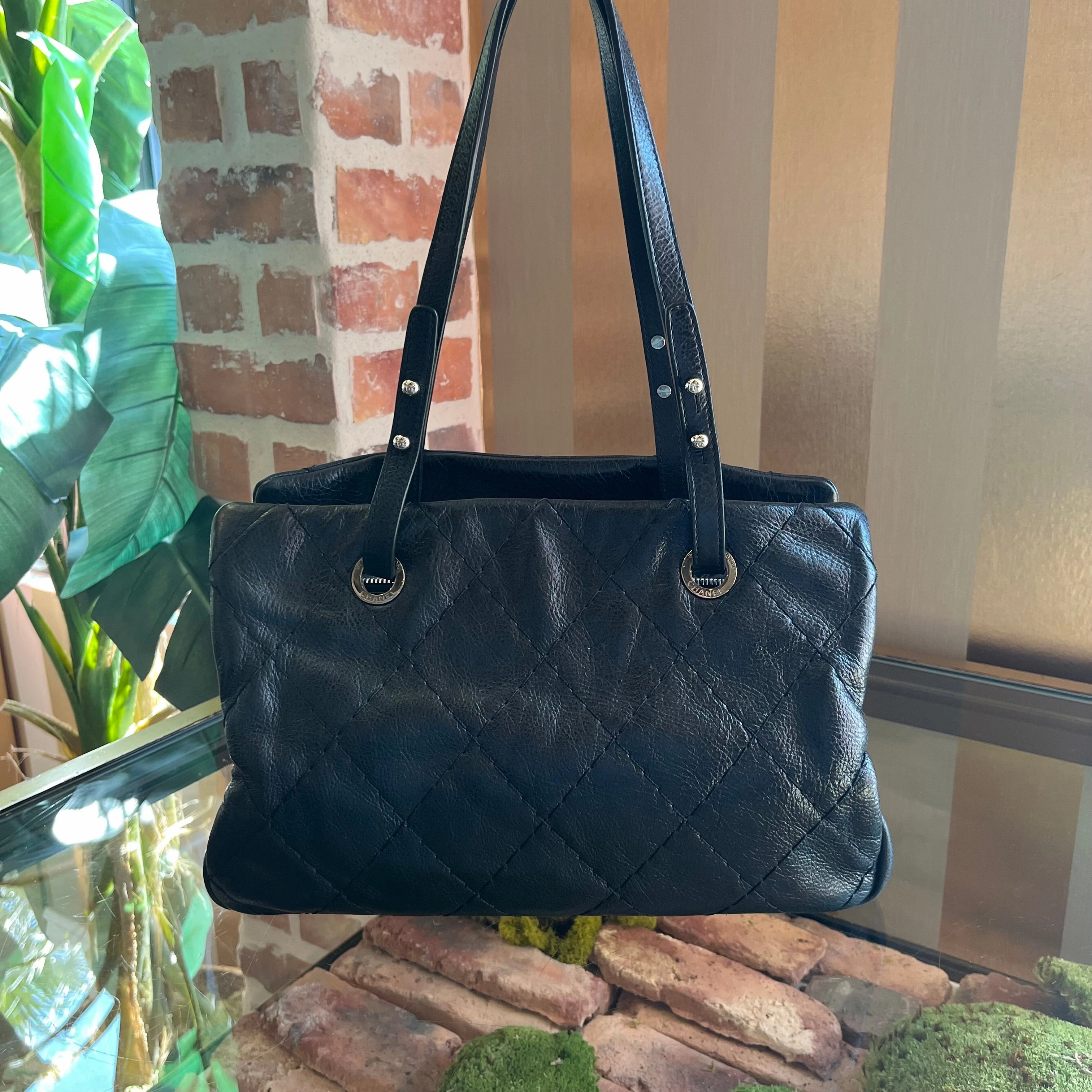 CHANEL On The Road Small Black Quilted Glazed Leather Tote