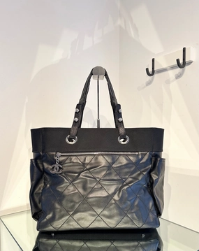 CHANEL Paris Biarritz Black Nylon Canvas Large Tote