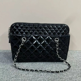 Chanel Quilted Black Patent Leather Shoulder Bag Medium