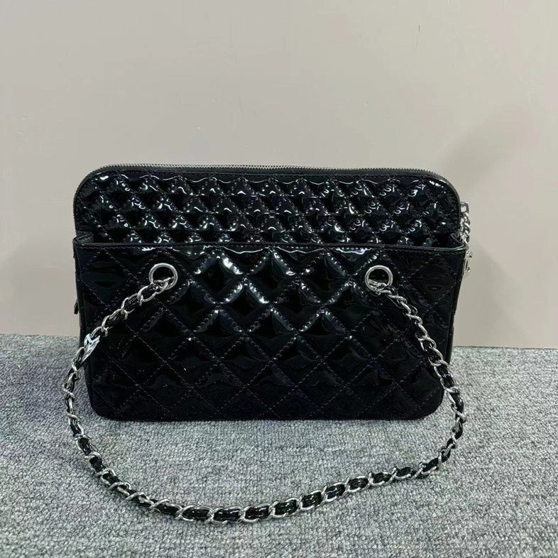 Chanel Quilted Black Patent Leather Shoulder Bag Medium