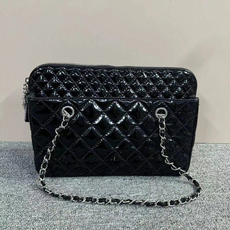 Chanel Quilted Black Patent Leather Shoulder Bag Medium