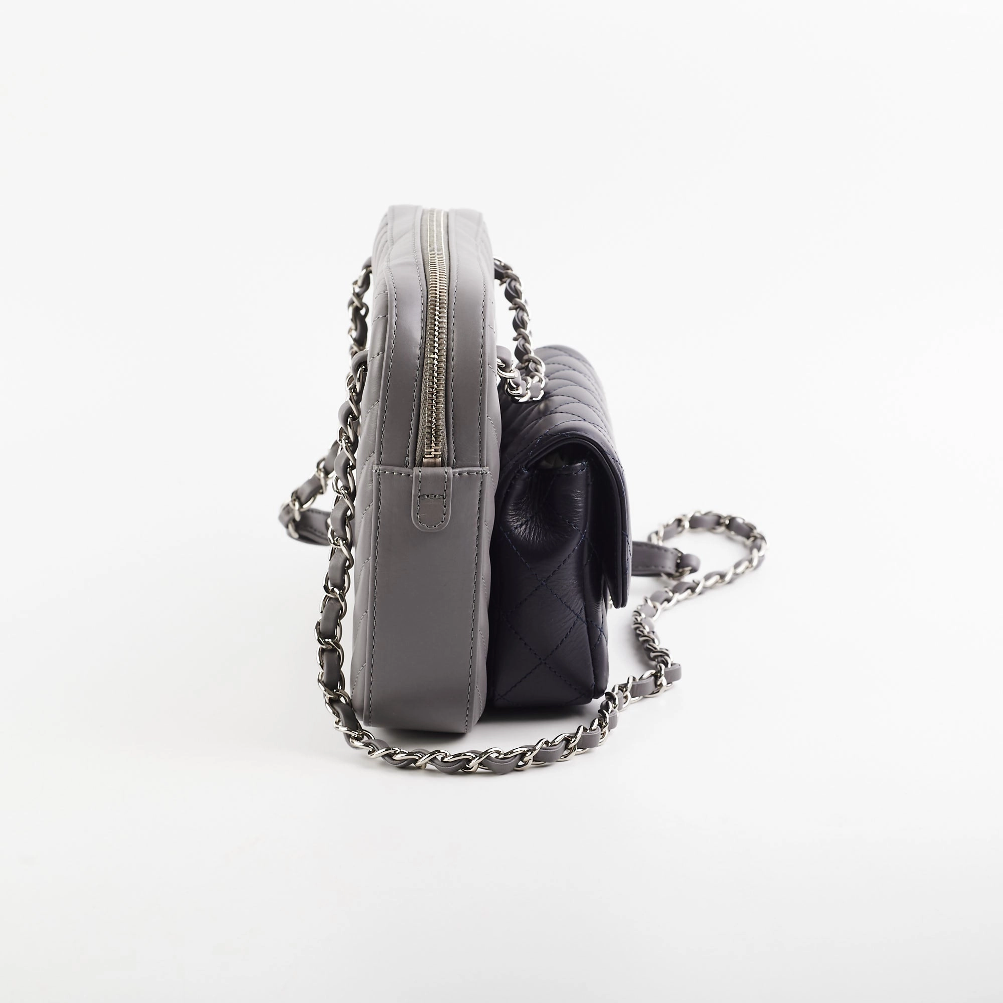 Chanel Quilted Navy/Chevron Grey Lambskin Shoulder Bag