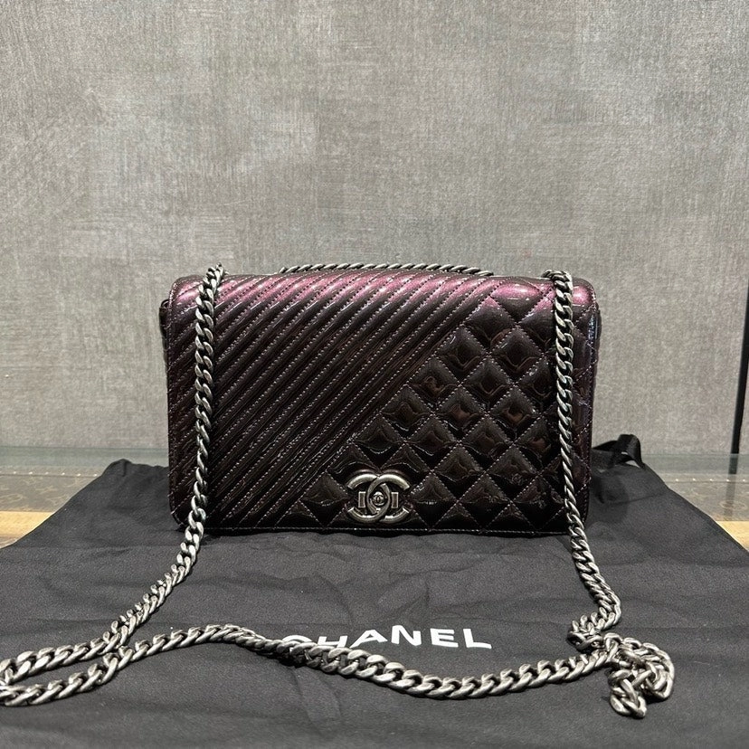 Chanel Quilted Patent Leather Shoulder Bag Black Medium