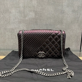Chanel Quilted Patent Leather Shoulder Bag Black Medium