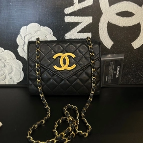 Chanel Sheepskin Double C Logo Black Gold Envelope Chain Crossbody Bag