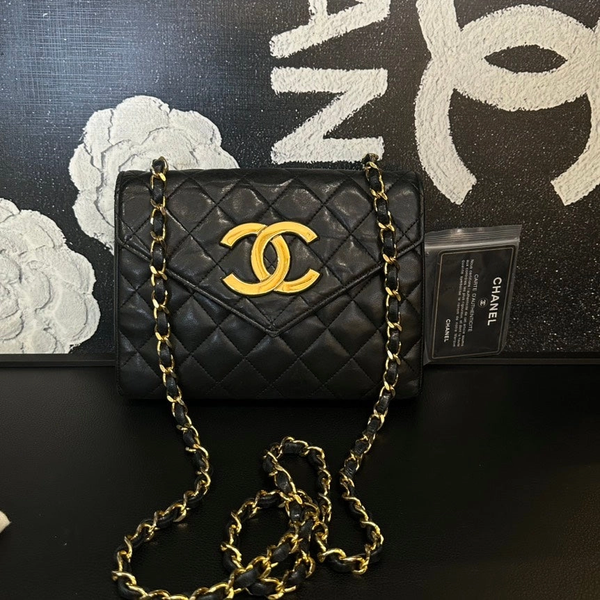 Chanel Sheepskin Double C Logo Black Gold Envelope Chain Crossbody Bag