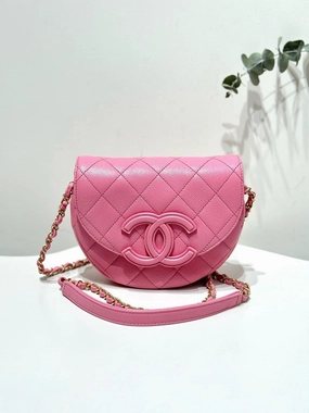 Chanel So Pink Caviar Leather Half Moon Crossbody Bag with Dust Bag