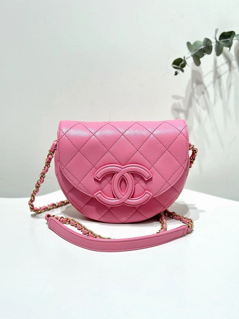 Chanel So Pink Caviar Leather Half Moon Crossbody Bag with Dust Bag
