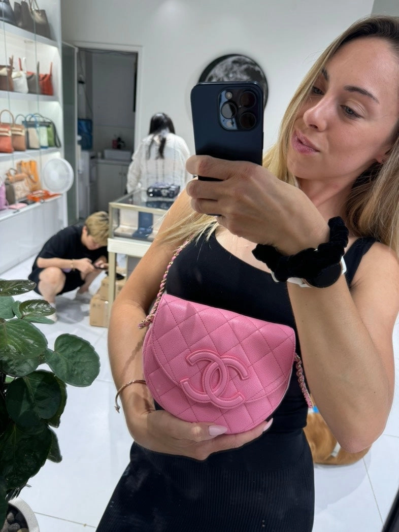 Chanel So Pink Caviar Leather Half Moon Crossbody Bag with Dust Bag