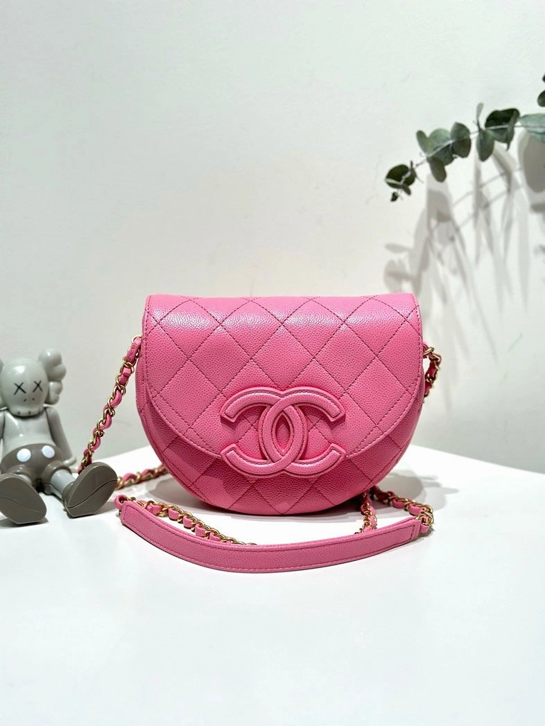 Chanel So Pink Caviar Leather Half Moon Crossbody Bag with Dust Bag