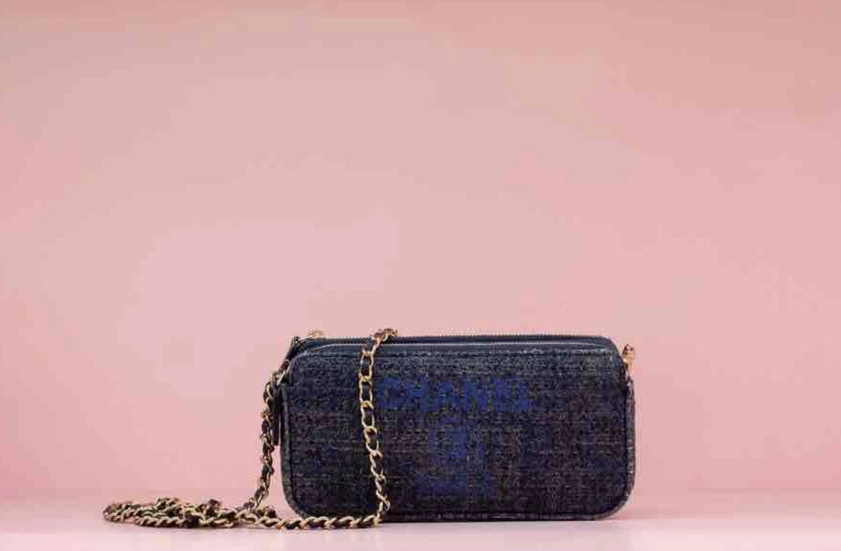 Chanel Tweed Blue Crossbody Bag with Chain Strap