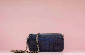 Chanel Tweed Blue Crossbody Bag with Chain Strap