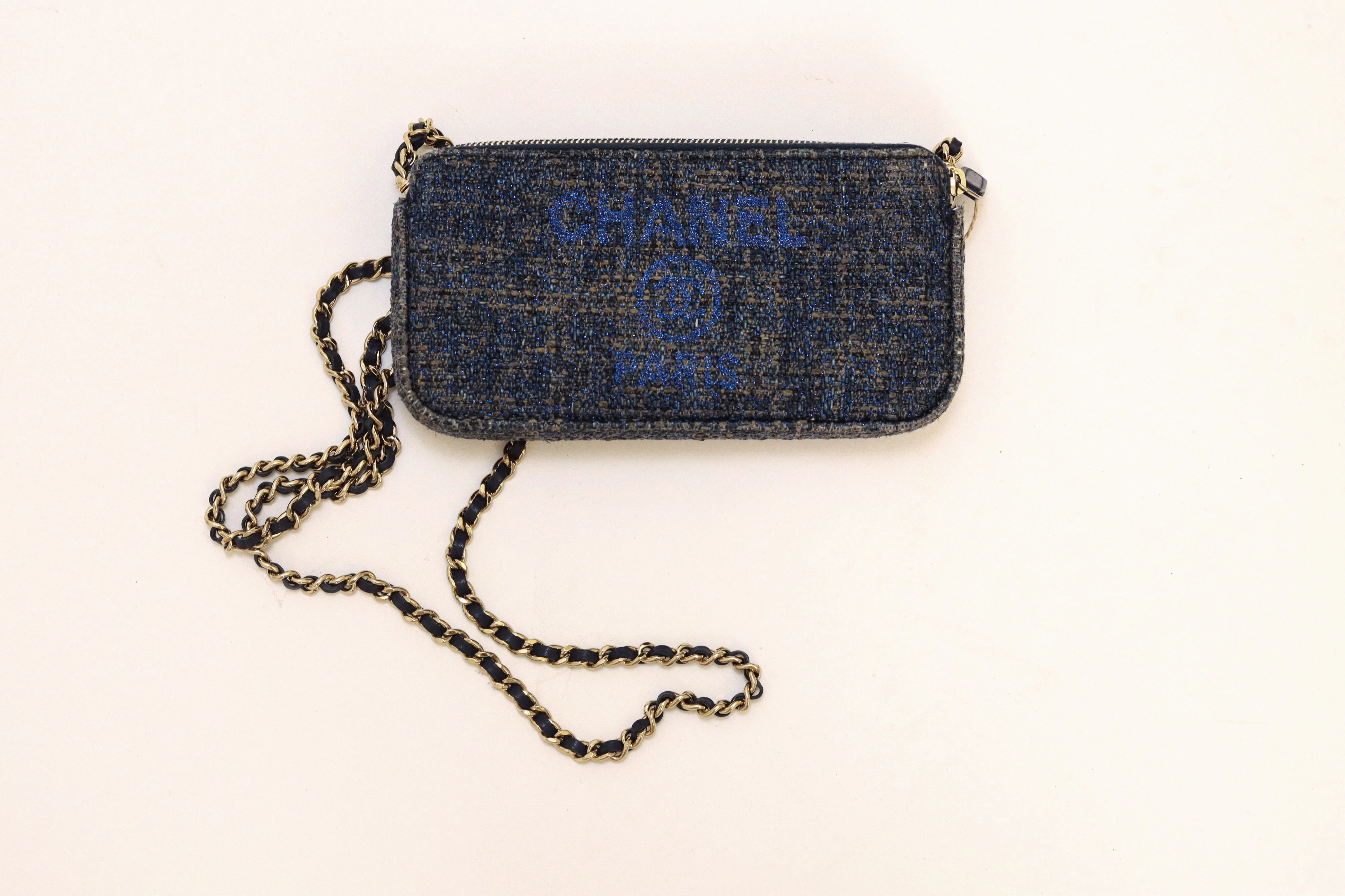 Chanel Tweed Blue Crossbody Bag with Chain Strap