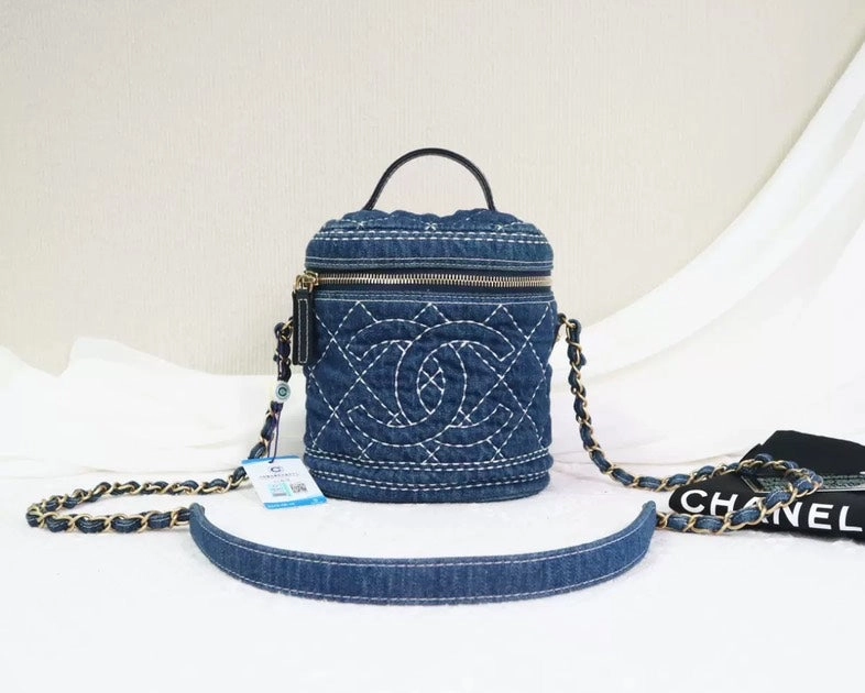 Chanel Vanity Case Blue Quilted Denim Crossbody Bag Small Size
