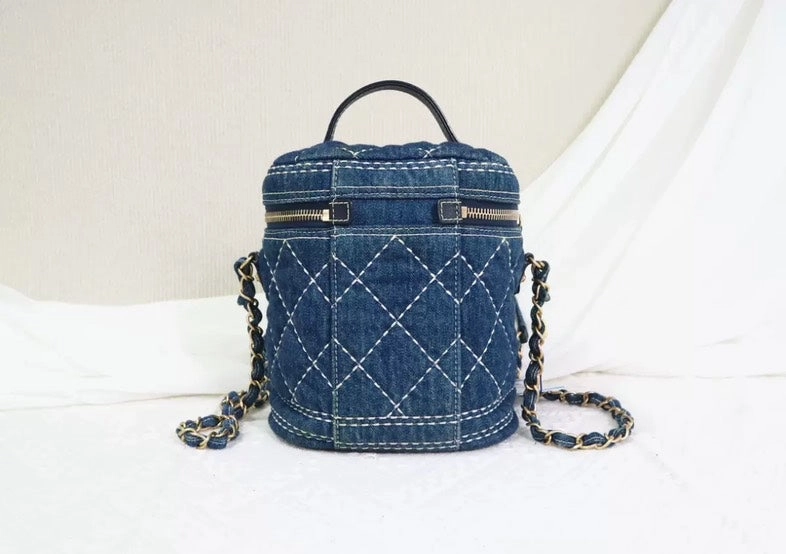 Chanel Vanity Case Blue Quilted Denim Crossbody Bag Small Size